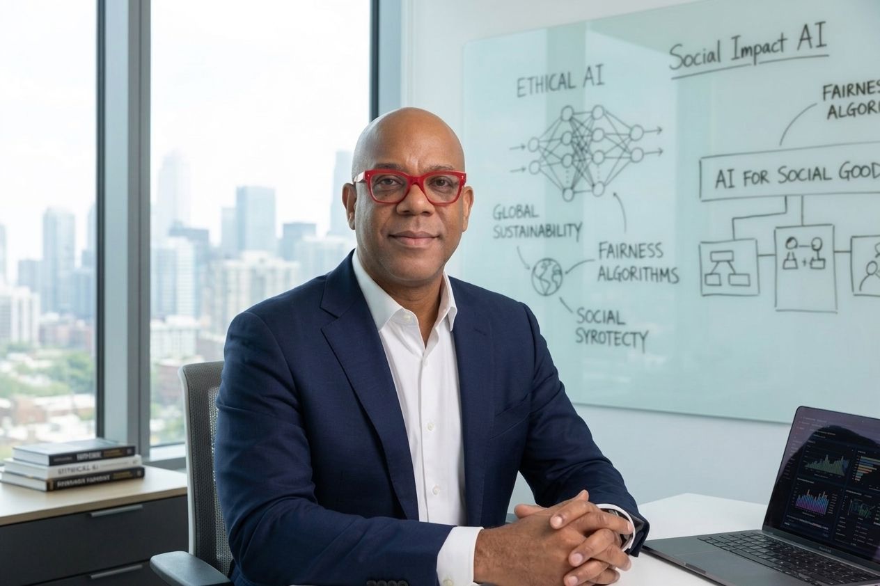 Techademics leader at a desk in front of a whiteboard mapping ethical AI and social impact AI
